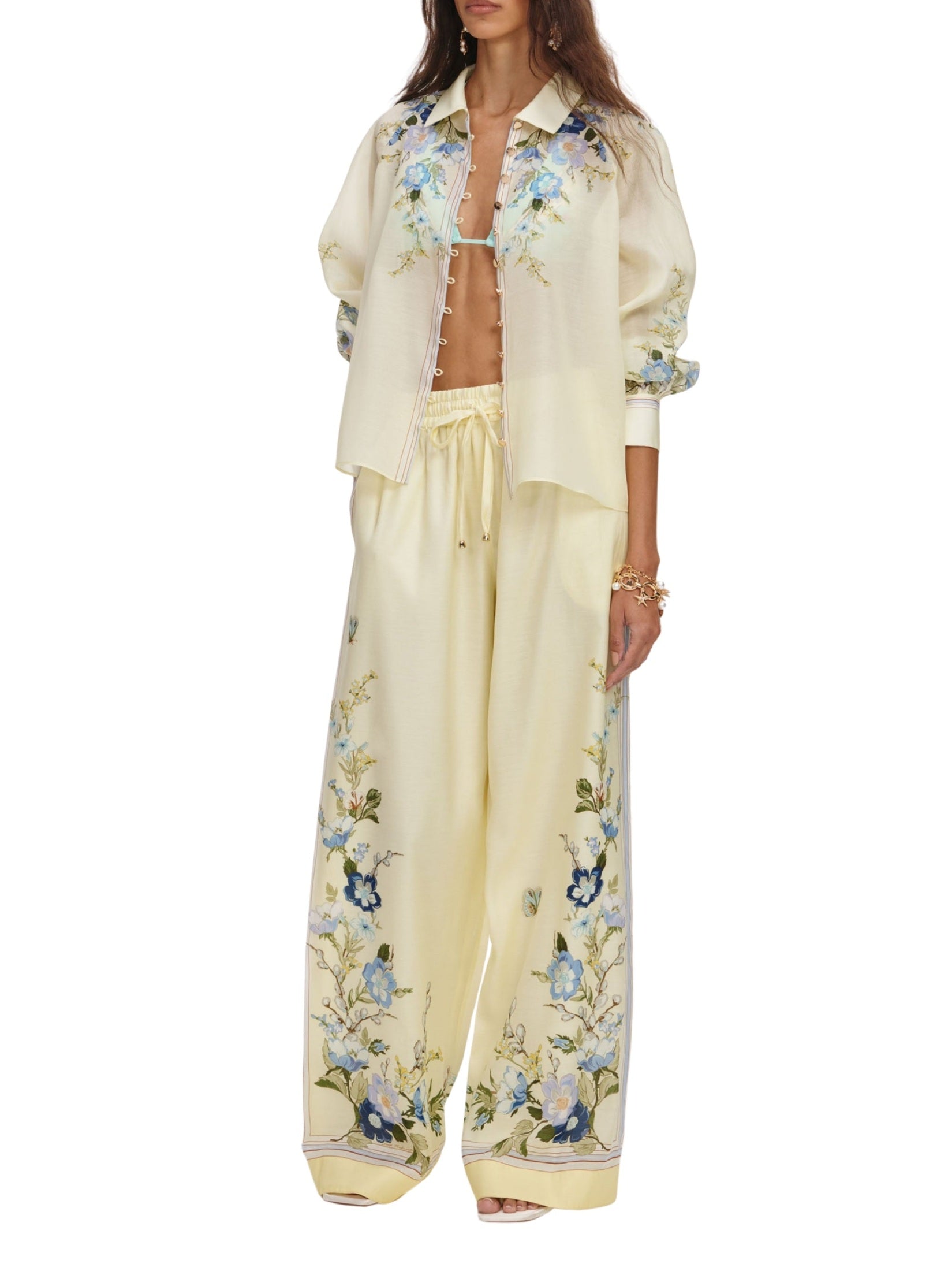 Yellow floral organza trousers