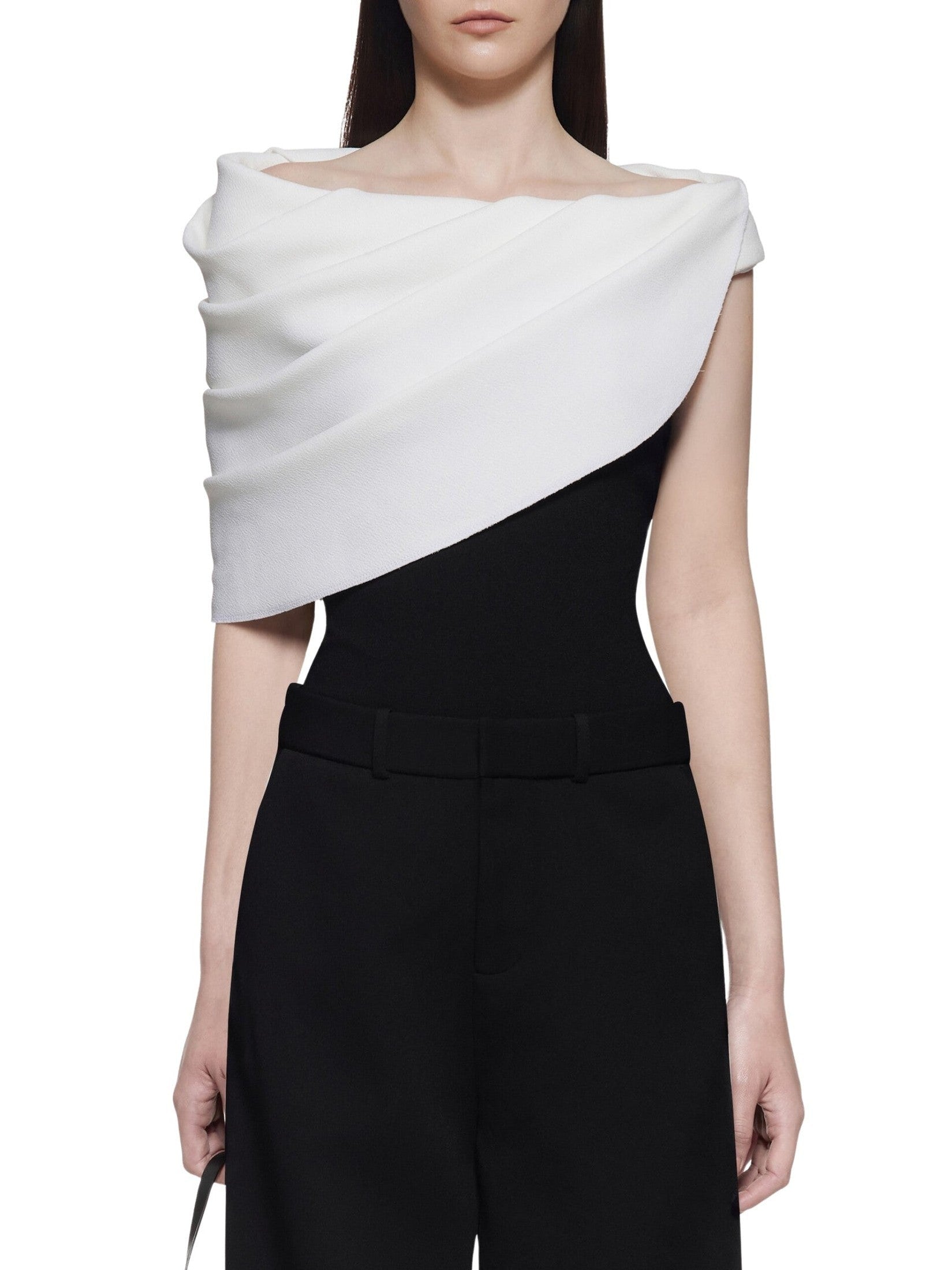 Off-shoulder bodysuit with cowl drapes and padded yoke
