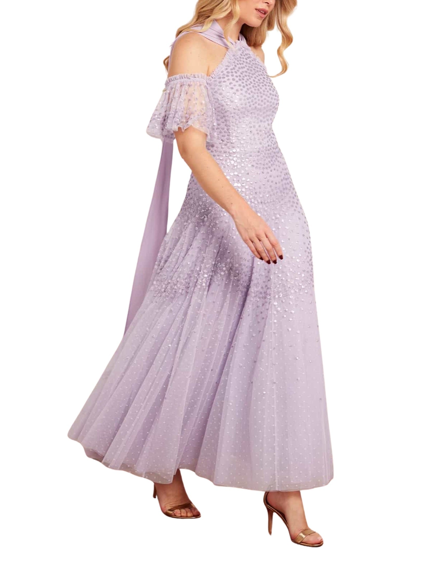 Scallop sequin halter-neck ankle gown