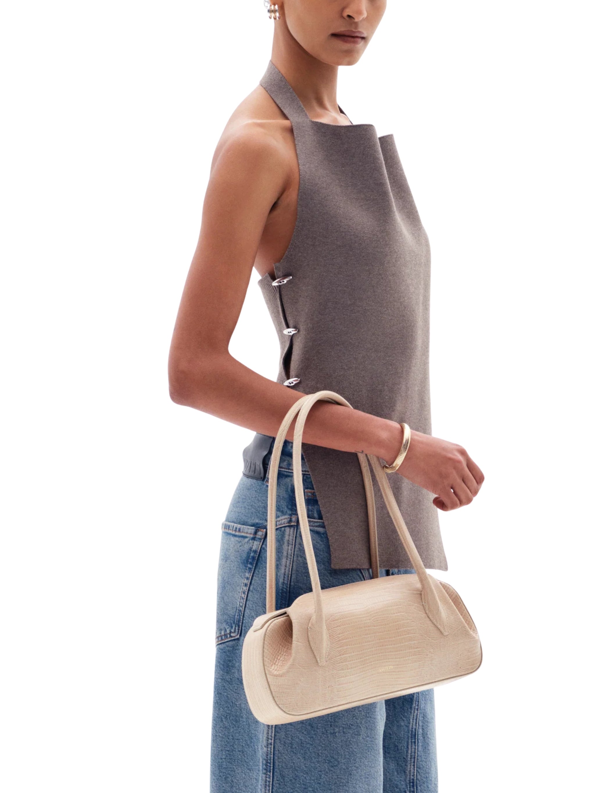 OYSTER SHOULDER BAG EMBOSSED LIZARD COWHIDE LEATHER