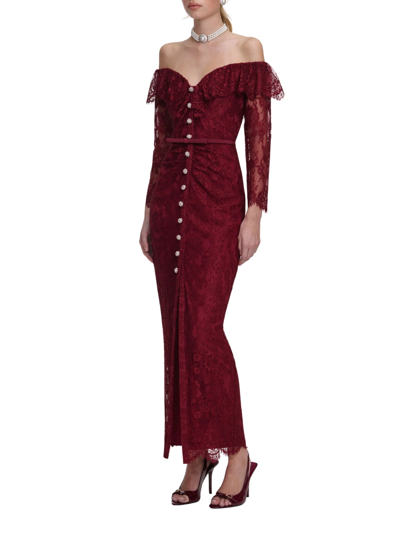 Burgundy off-shoulder gathered lace maxi dress