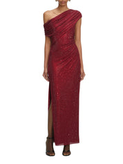 BURGUNDY RHINESTONE DRAPE MIDI DRESS