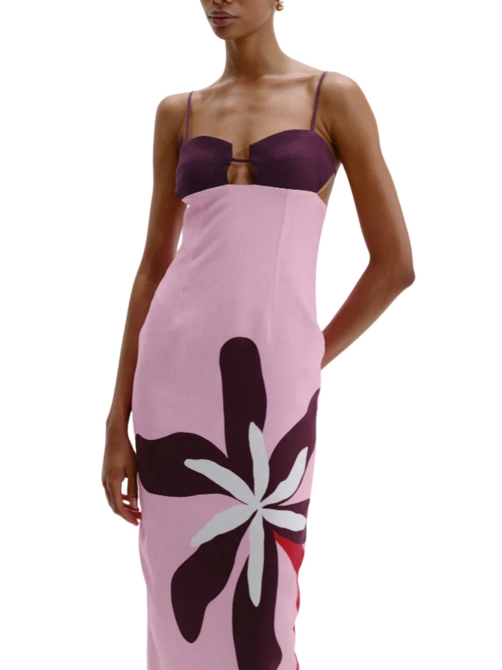 Fitted bodice midi dress featuring a straight skirt and thin straps