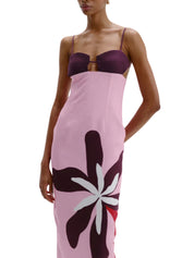 Fitted bodice midi dress featuring a straight skirt and thin straps