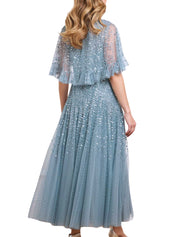DAPPLED SEQUIN CAPE ANKLE GOWN