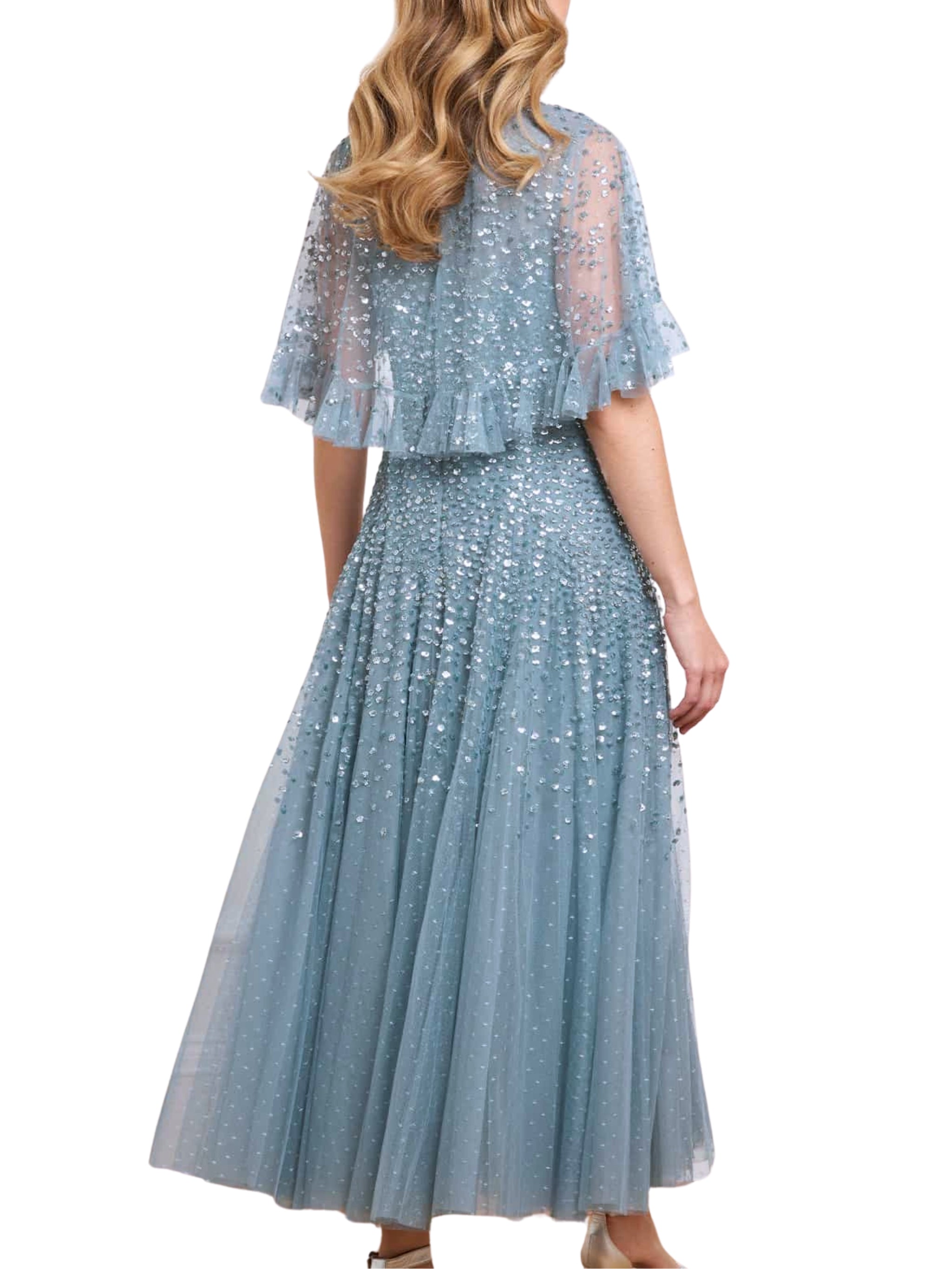 DAPPLED SEQUIN CAPE ANKLE GOWN