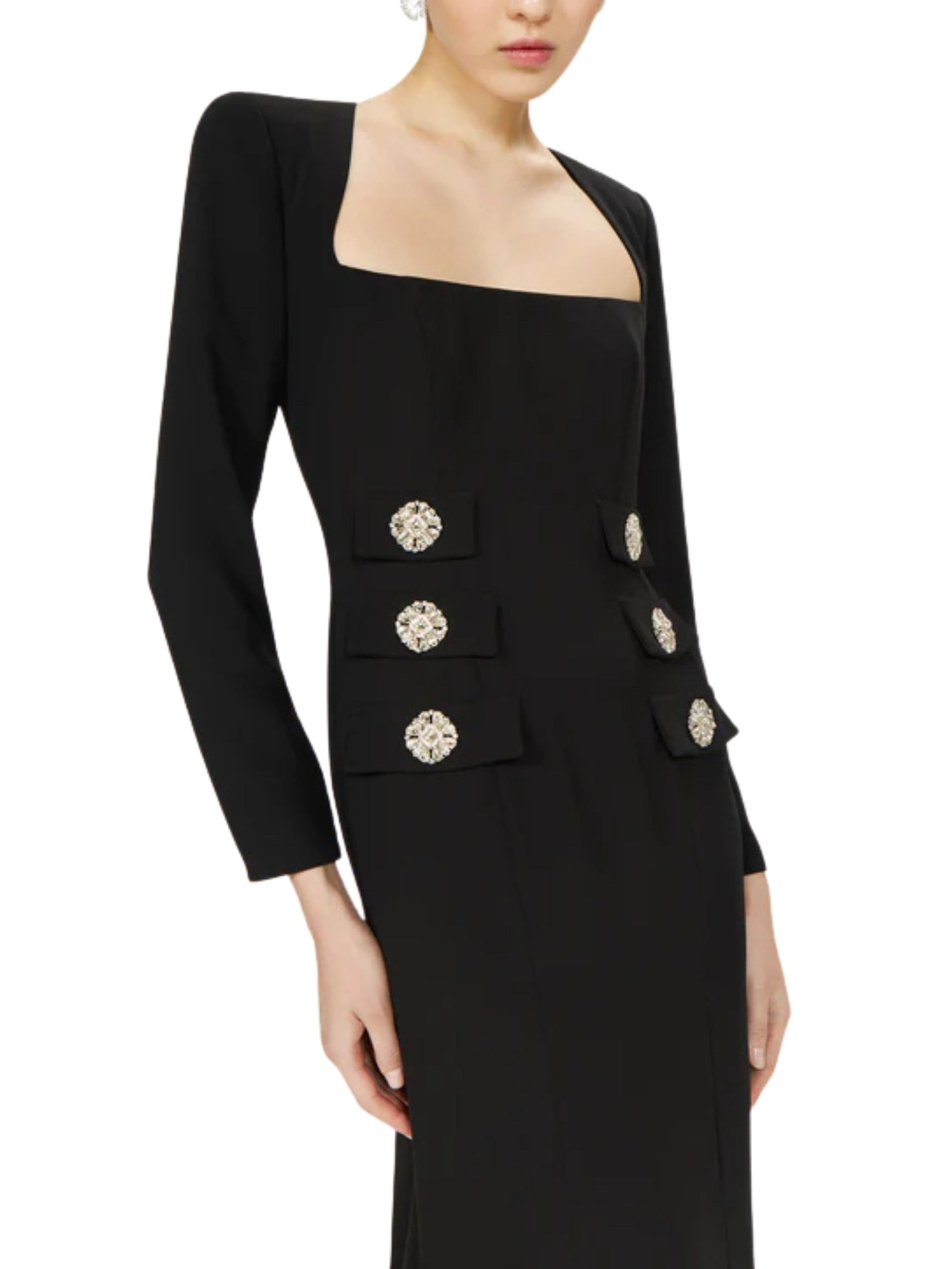 Kienna crepe square-neck gown with crystal buttons