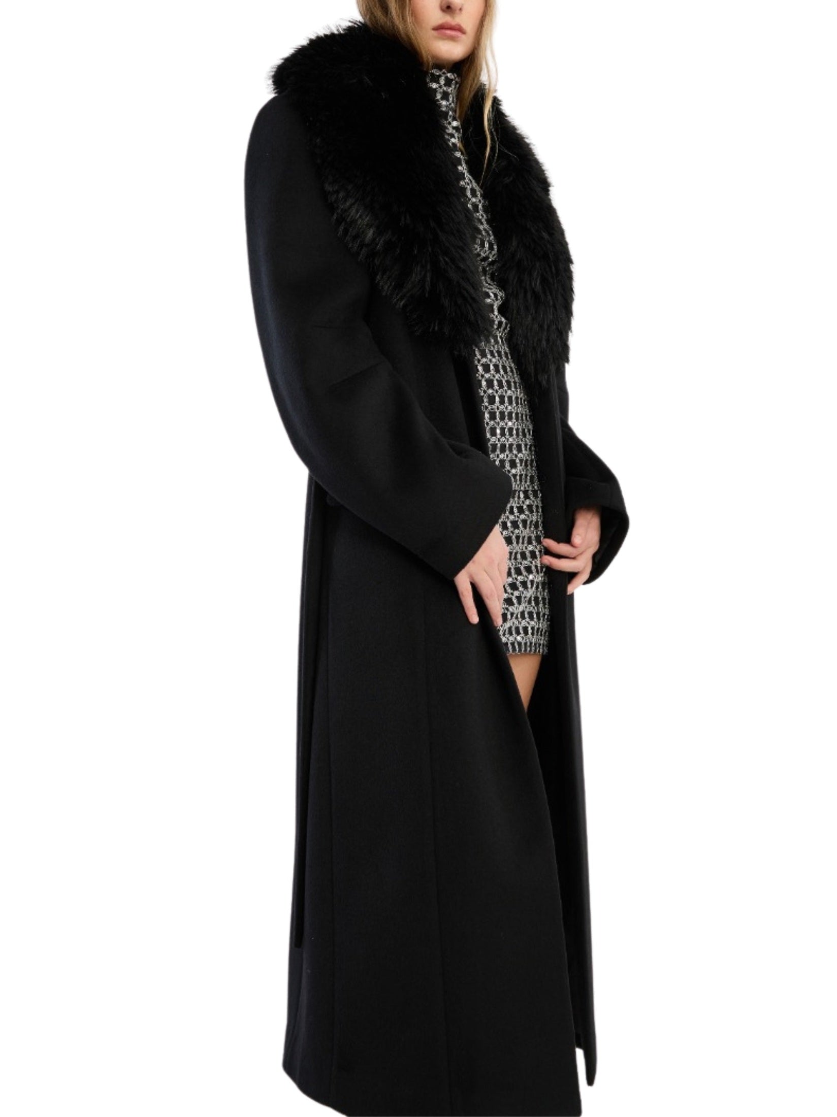 Faux fur collar long coat