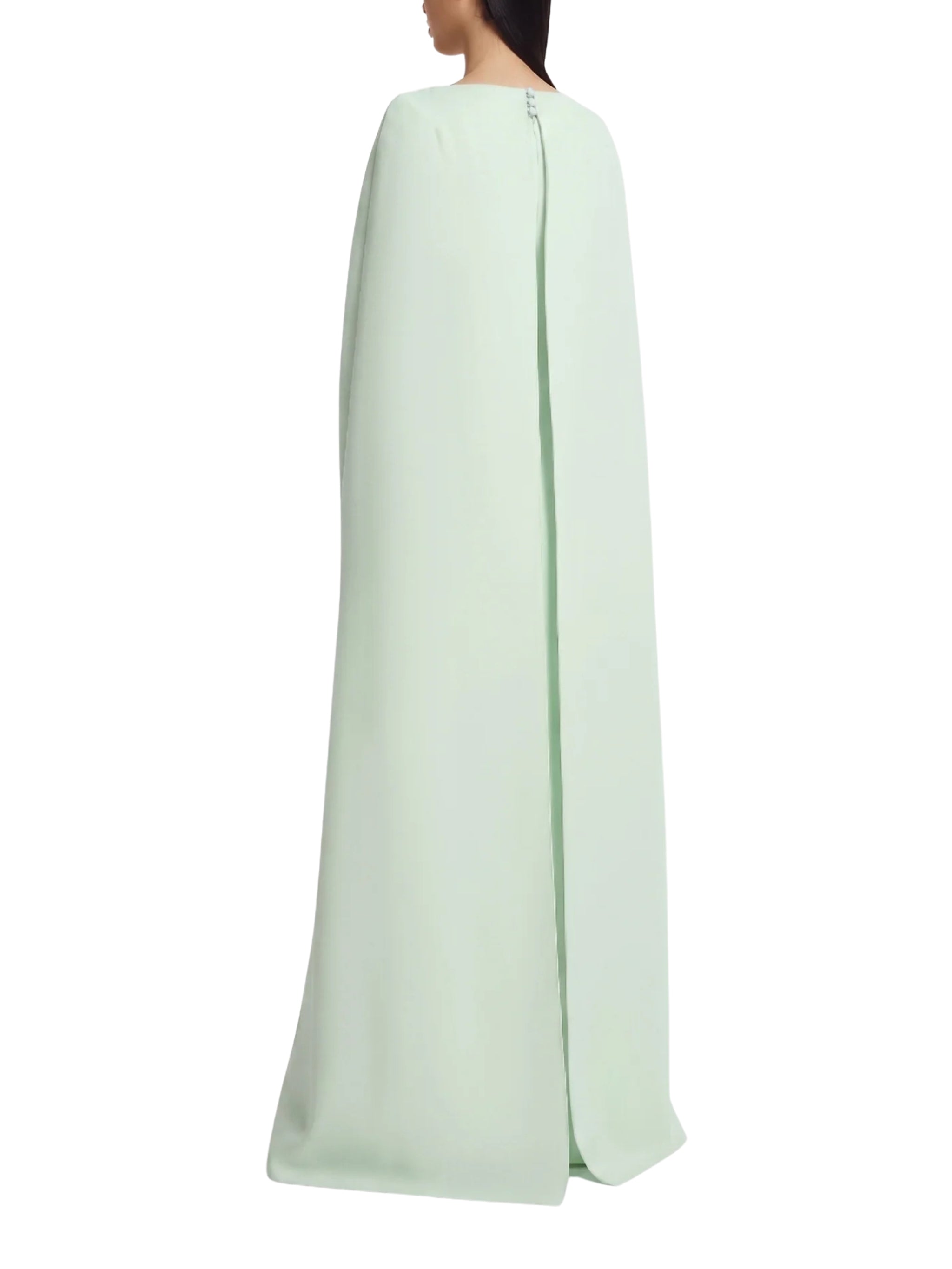 Full-length fitted cape gown with an a-line skirt