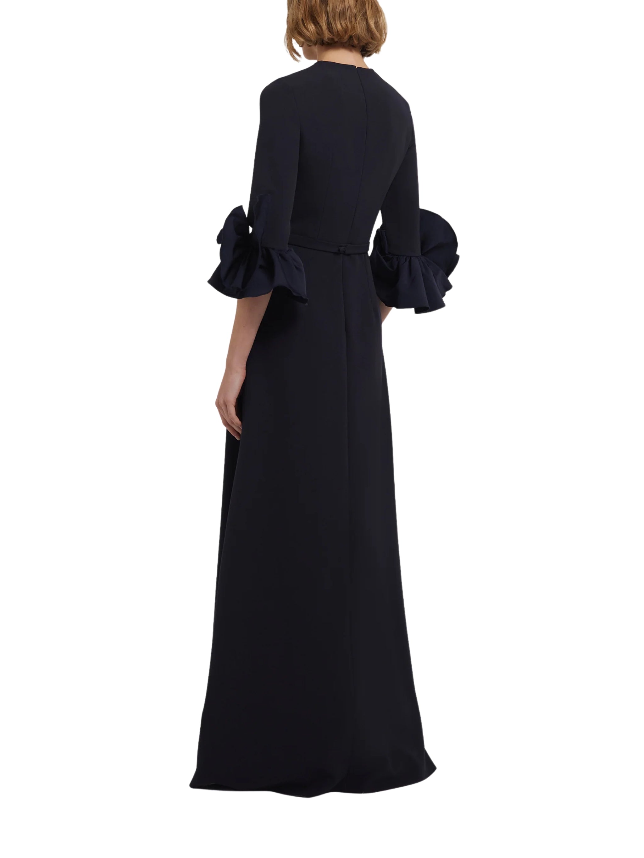 BELEN LONG SLEEVE A-LINE GOWN WITH RUFFLE SLEEVE DETAIL