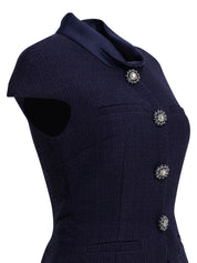 NAVY BOUCLÉ TAFFETA MIDI DRESS