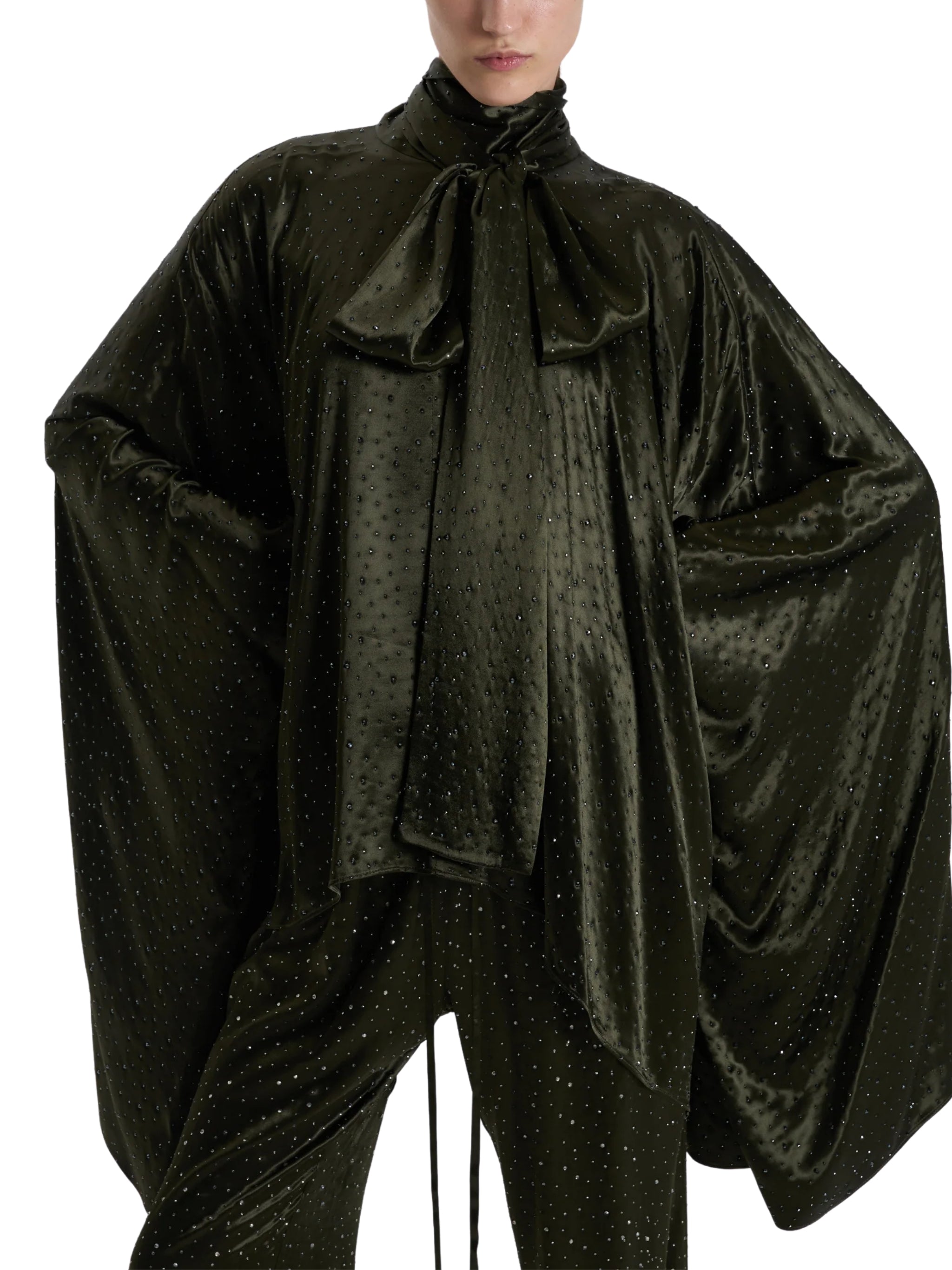 KHAKI EMBELLISHED DRAPED BLOUSE