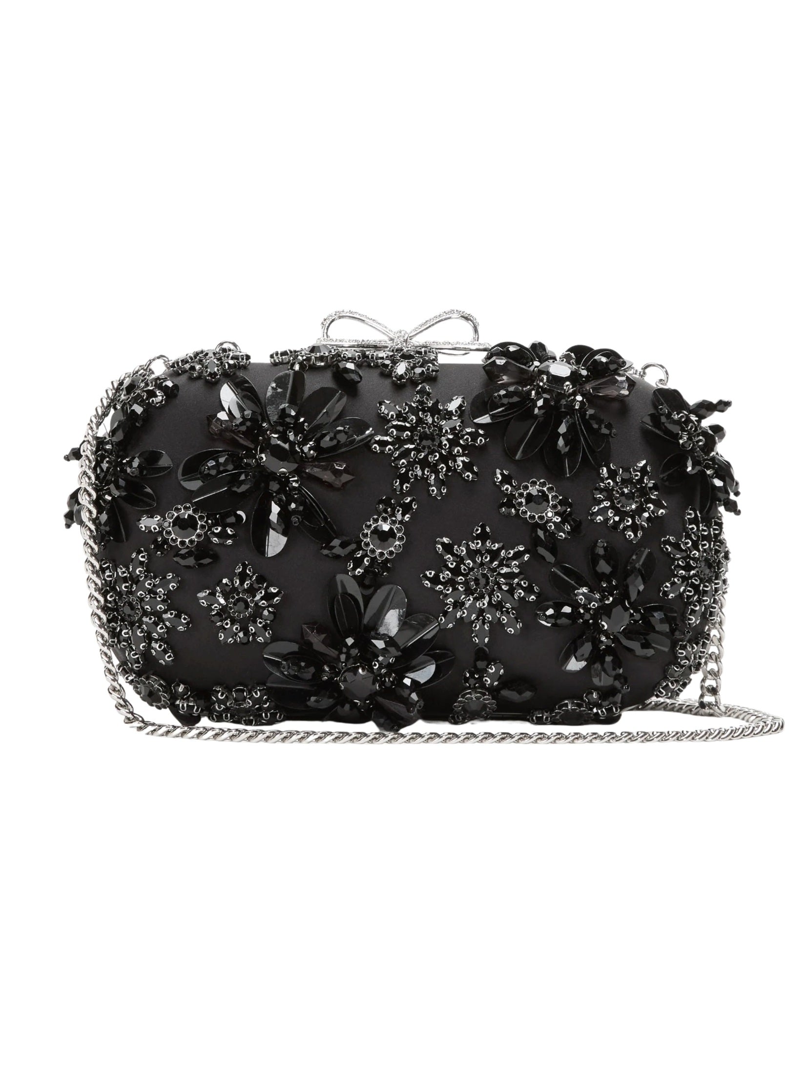 Black satin floral crystal clutch bag