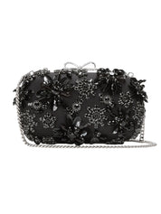 Black Satin Floral Crystal Clutch Bag