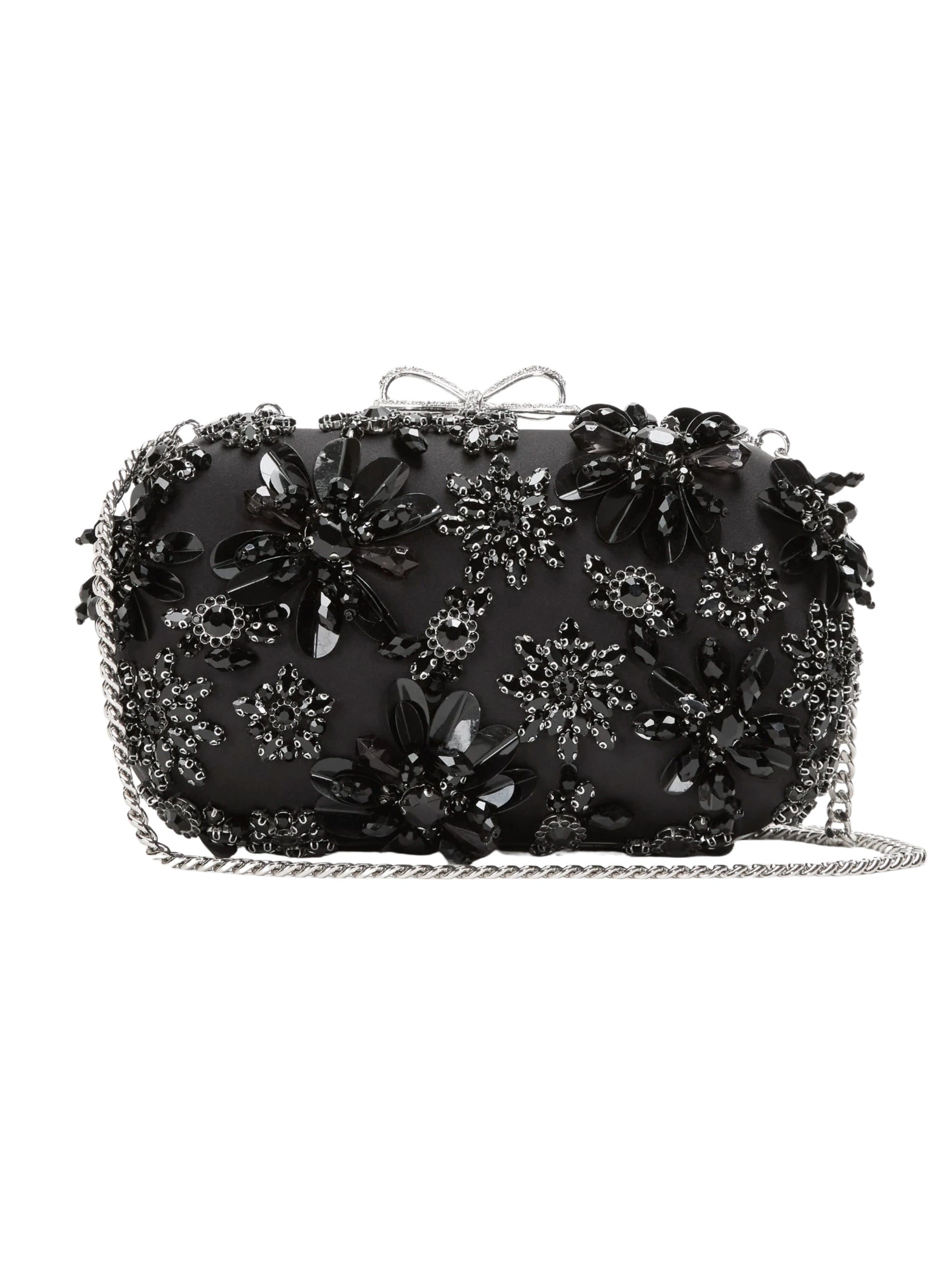 Black Satin Floral Crystal Clutch Bag