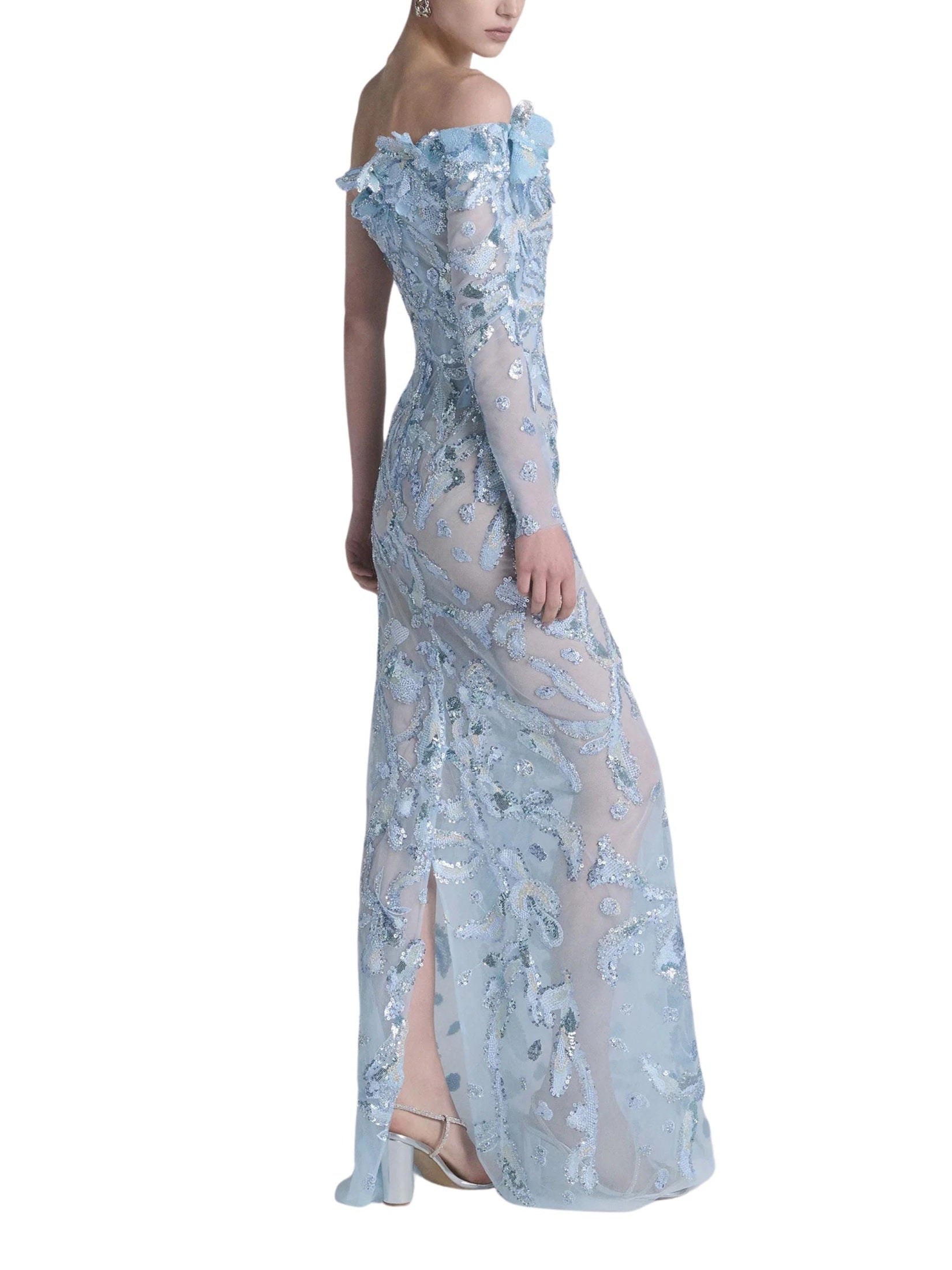 One-shoulder embroidered tulle dress