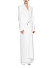 Fitted suit coat featuring front draping accentuated by a premium metal accessory detail