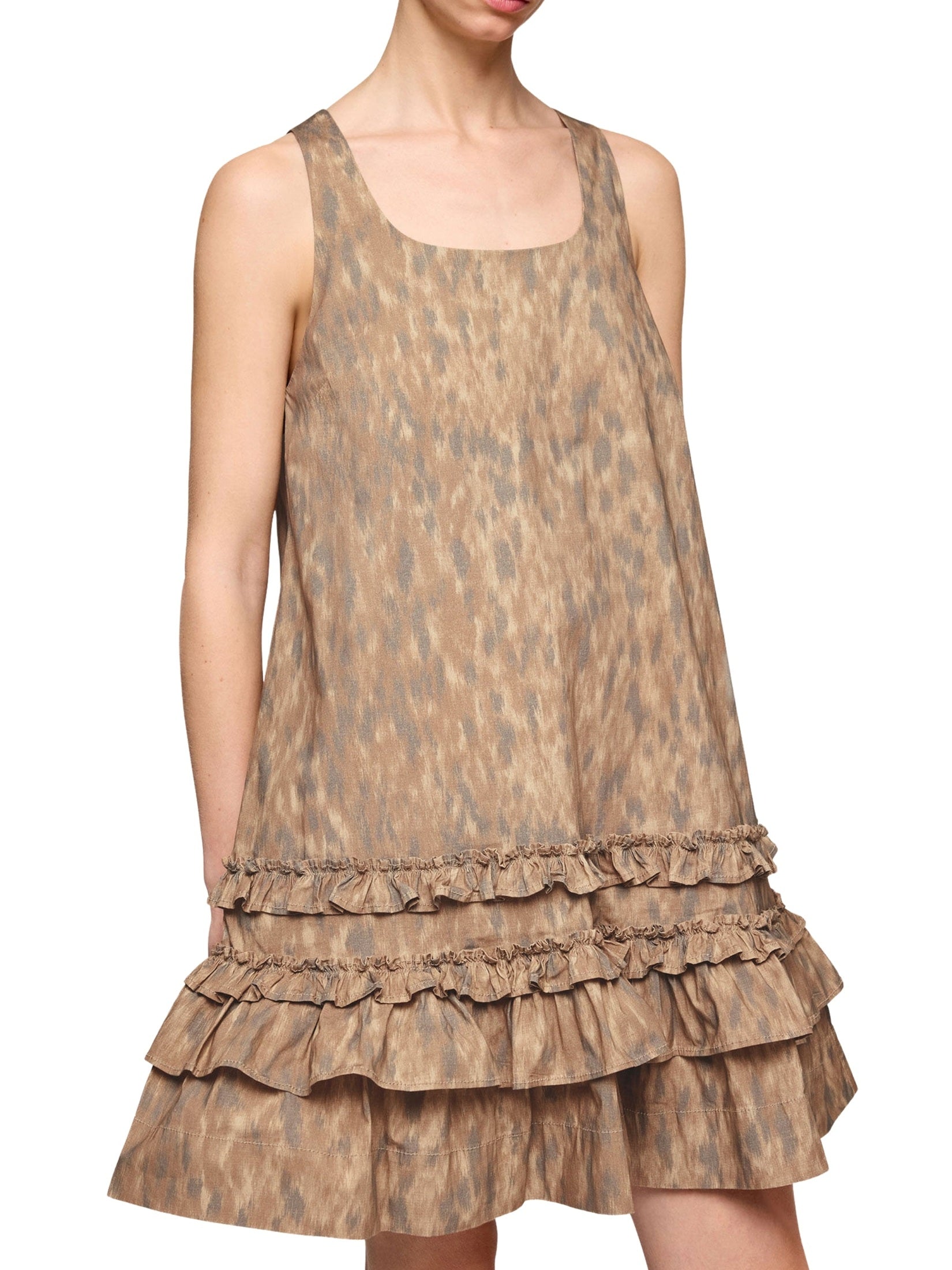 Printed stretch cotton u-neck mini dress