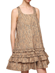 Printed stretch cotton u-neck mini dress
