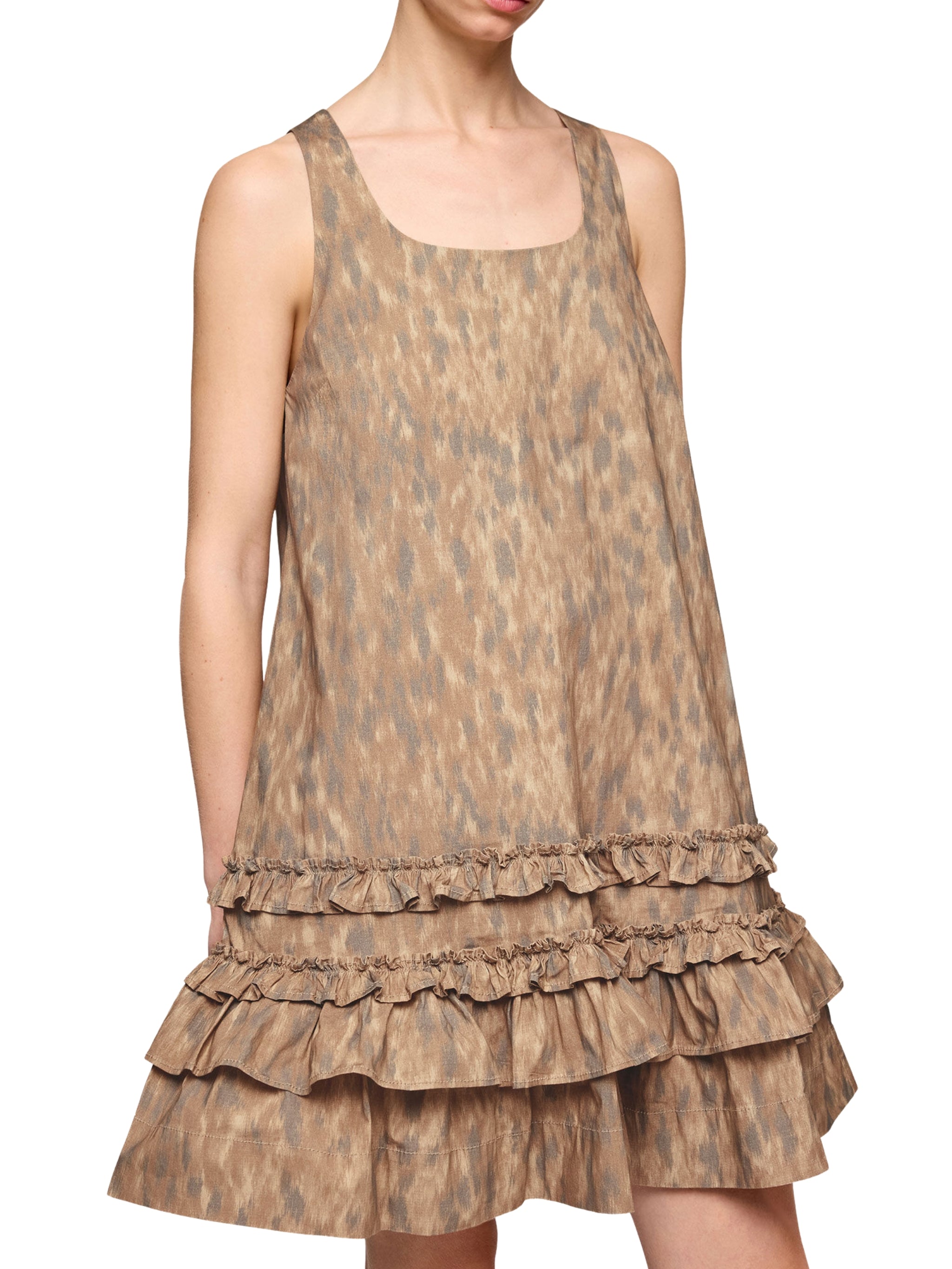 Printed stretch cotton u-neck mini dress