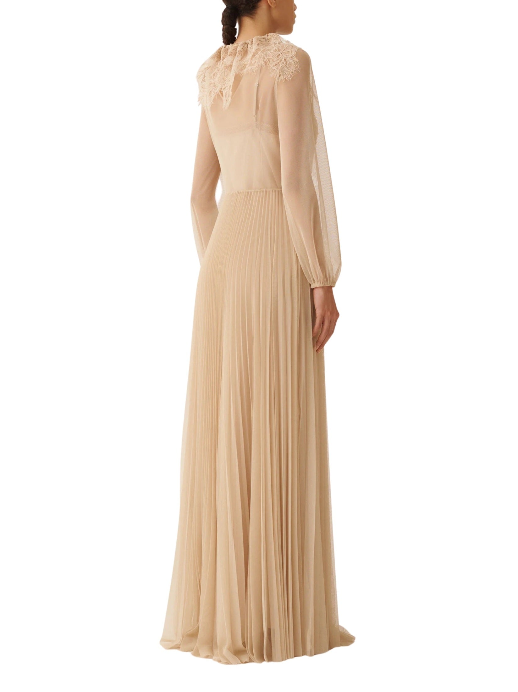 Pleated tulle long sleeve embroidered long dress