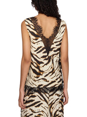 Printed stretch satin v-neck lace slip top
