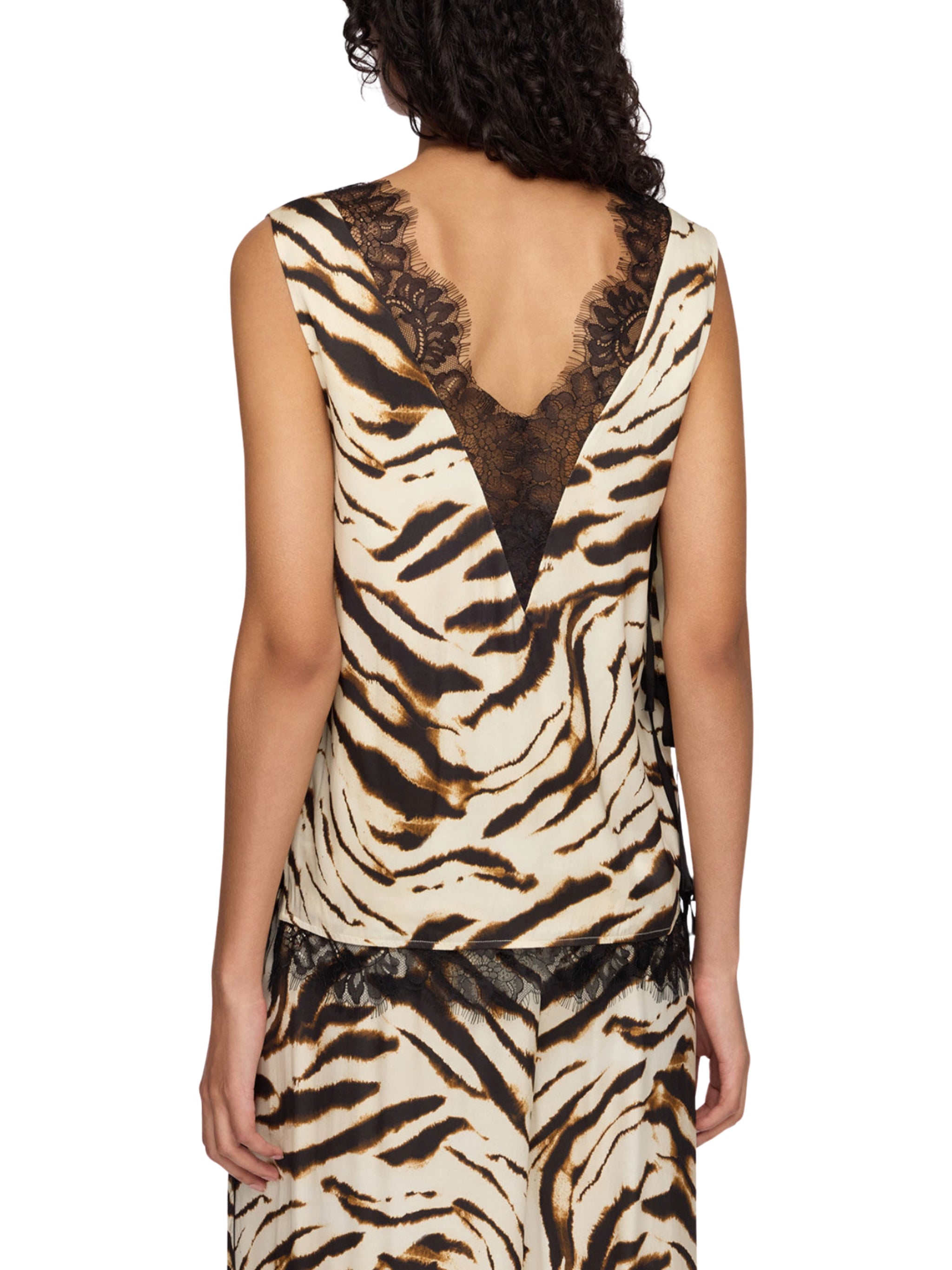Printed stretch satin v-neck lace slip top