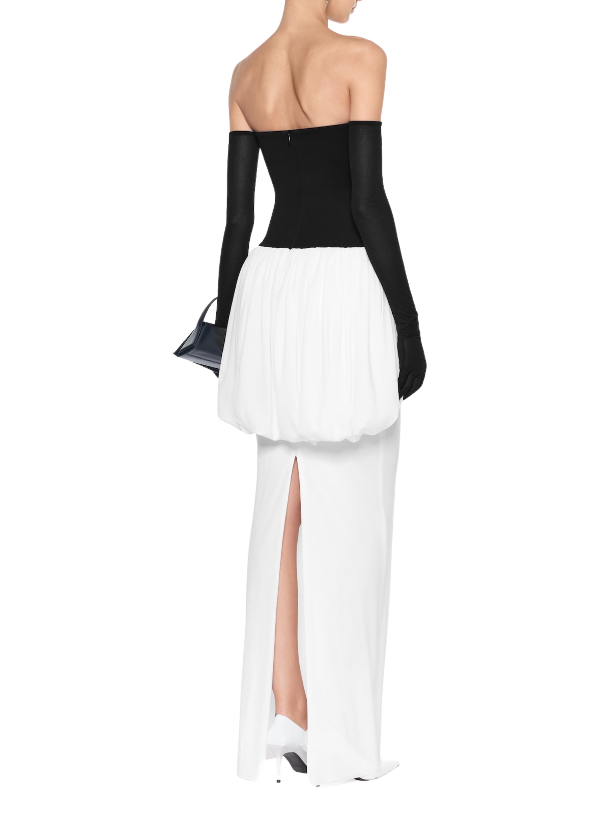 Strapless long dress featuring voluminous draping at the hips