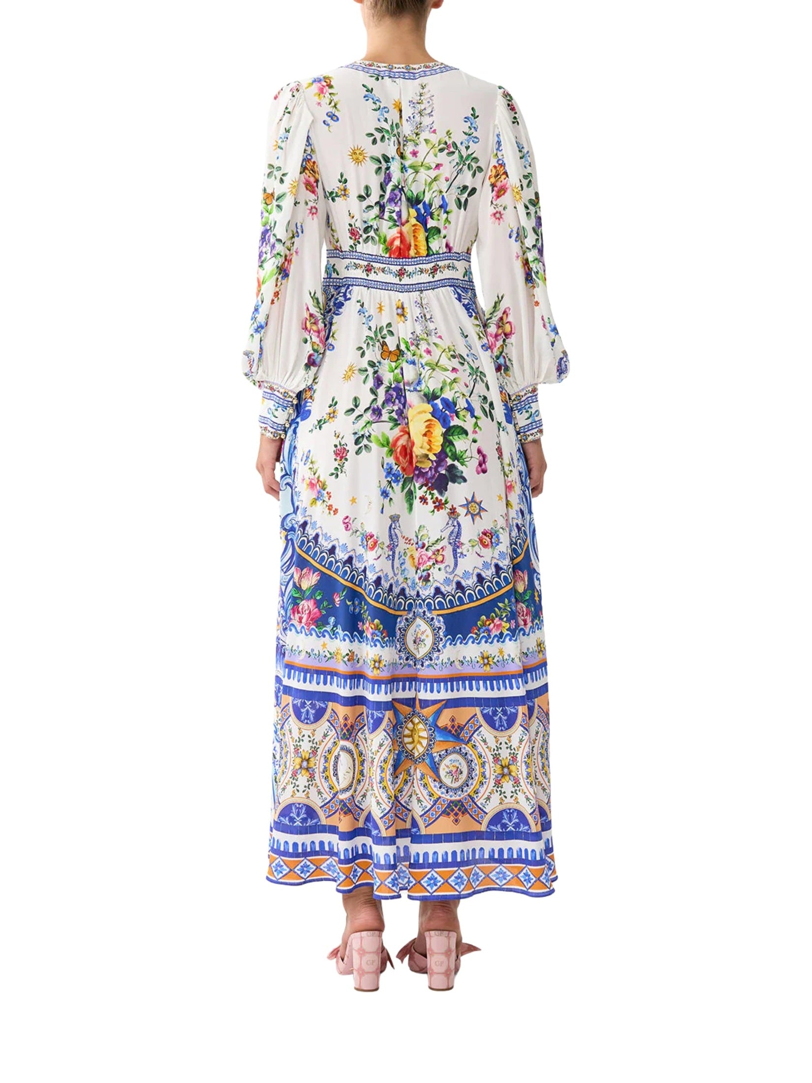 Shaped waistband dress with gathered sleeves