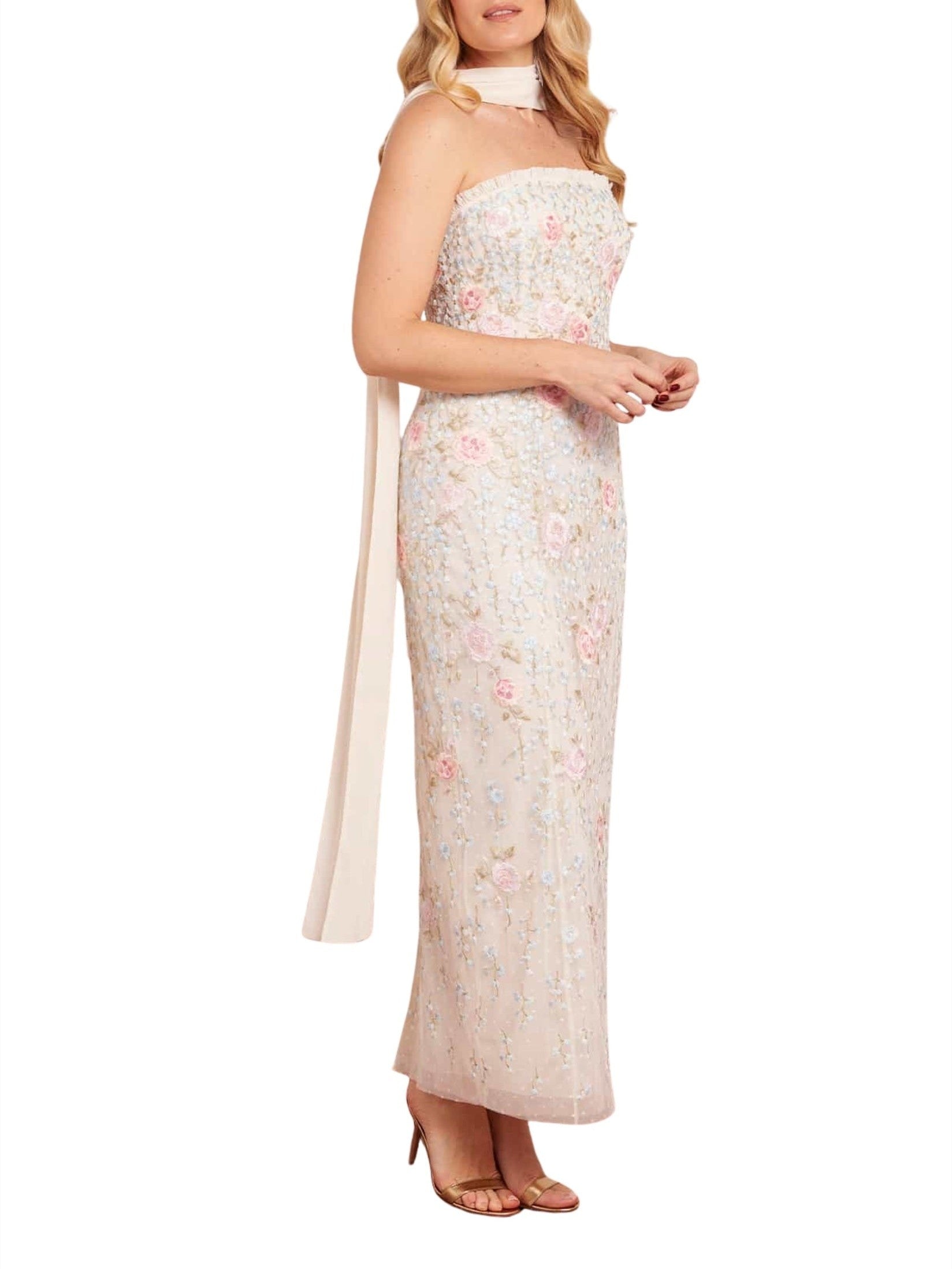 Cressida embroidery strapless ankle gown