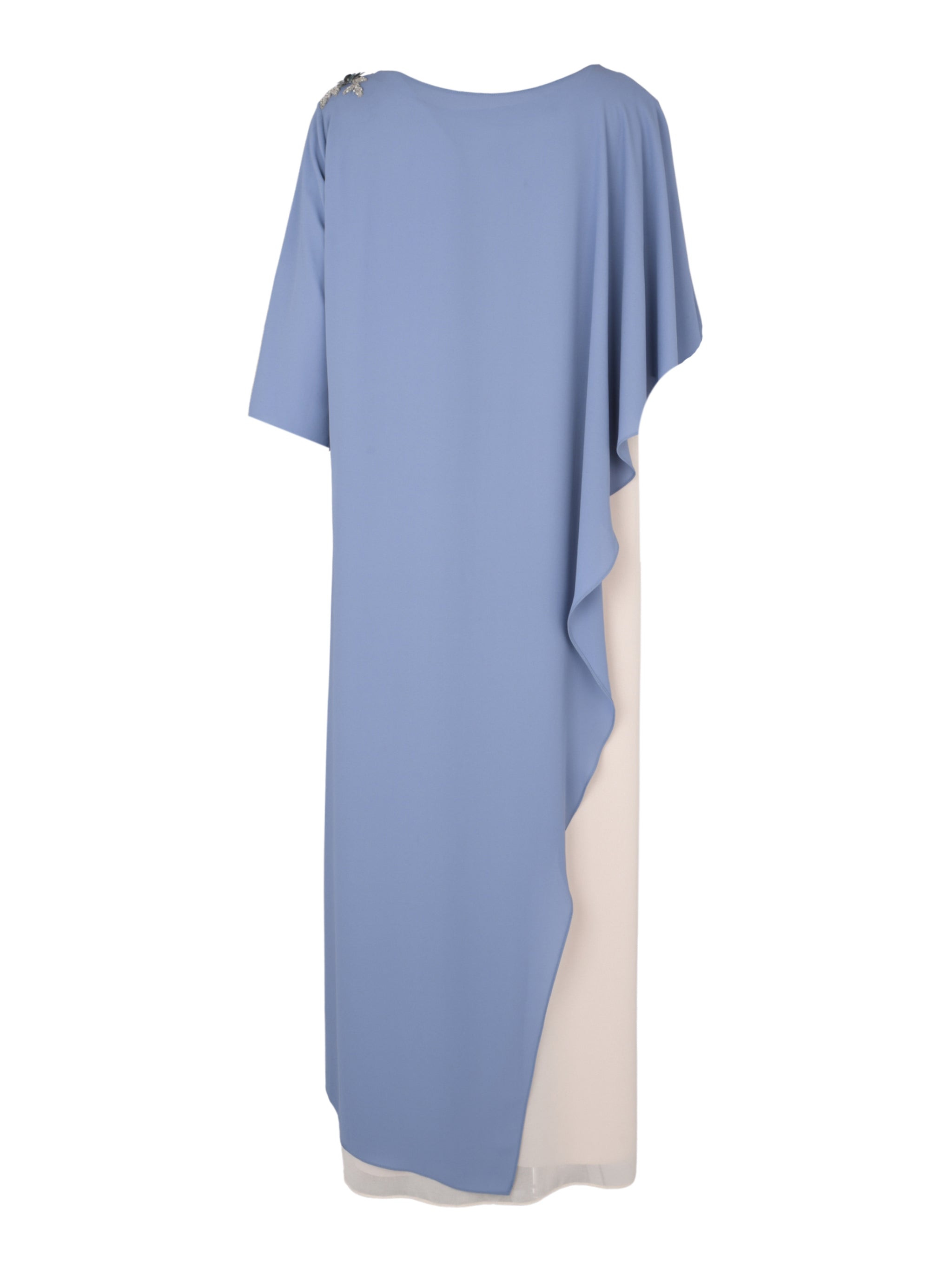 Blue-Beige Hand-Embroidered Pleated Shoulder Modest Dress
