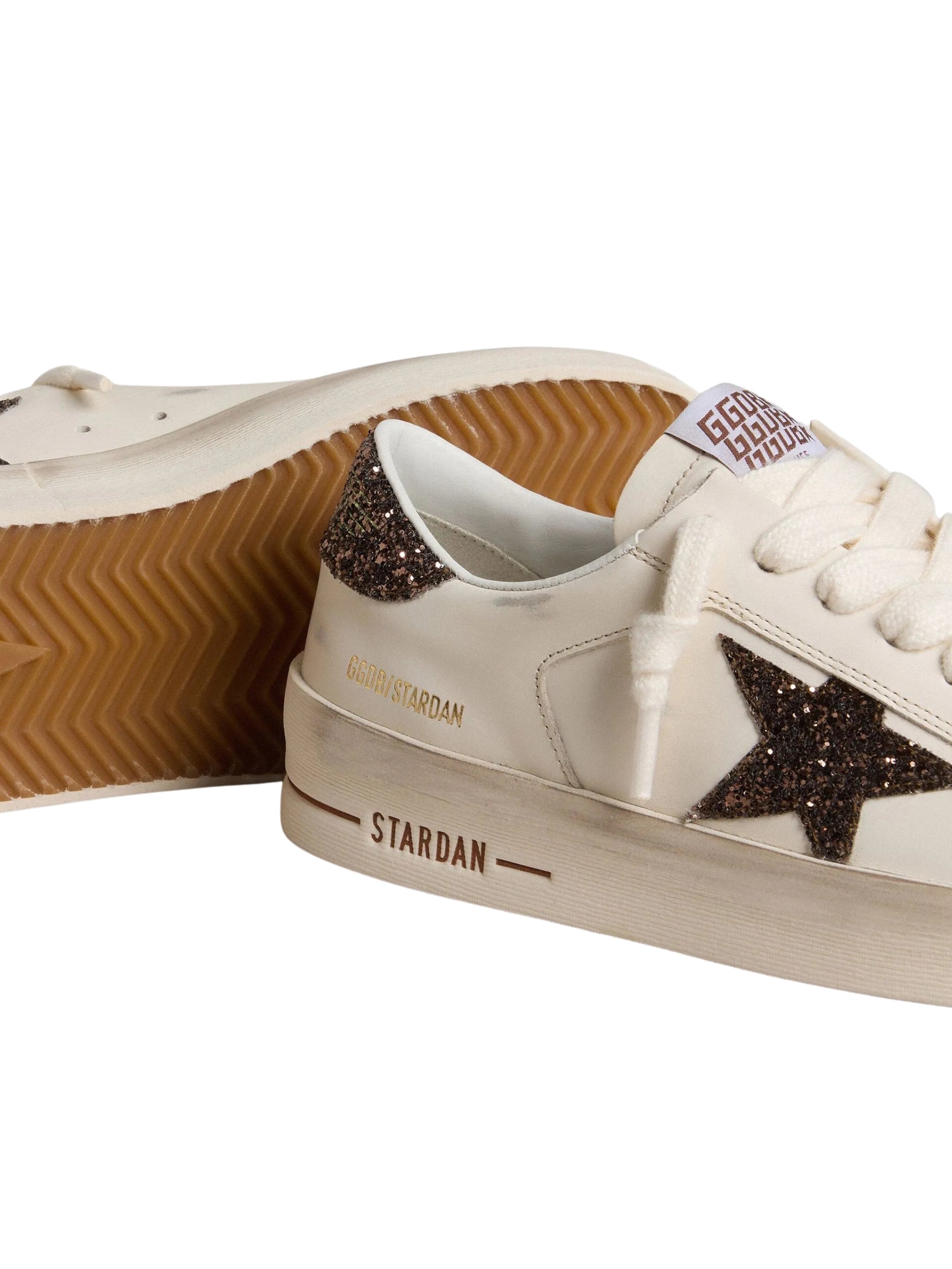 Women's Stardan in white leather with brown glitter star and heel tab