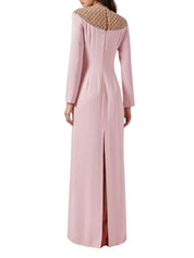 RAISA CREPE LONG-SLEEVE GOWN WITH CRYSTAL-EMBELLISHED TULLE ILLUSION NECKLINE