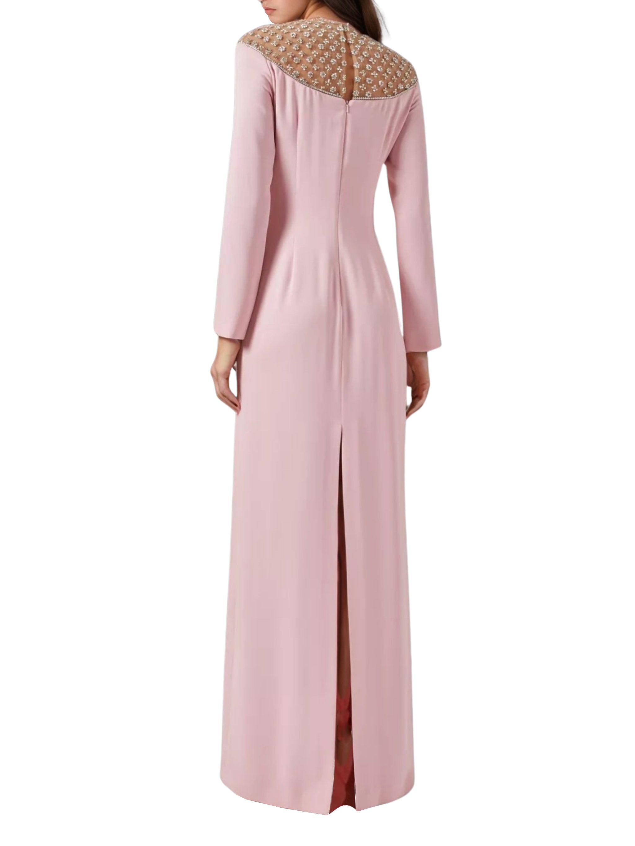 RAISA CREPE LONG-SLEEVE GOWN WITH CRYSTAL-EMBELLISHED TULLE ILLUSION NECKLINE