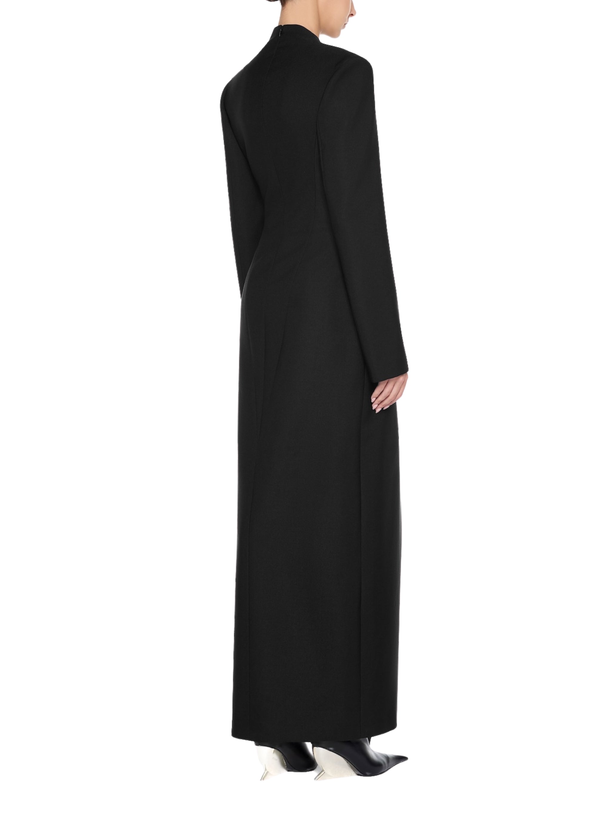 Fitted suit coat featuring front draping accentuated by a premium metal accessory detail