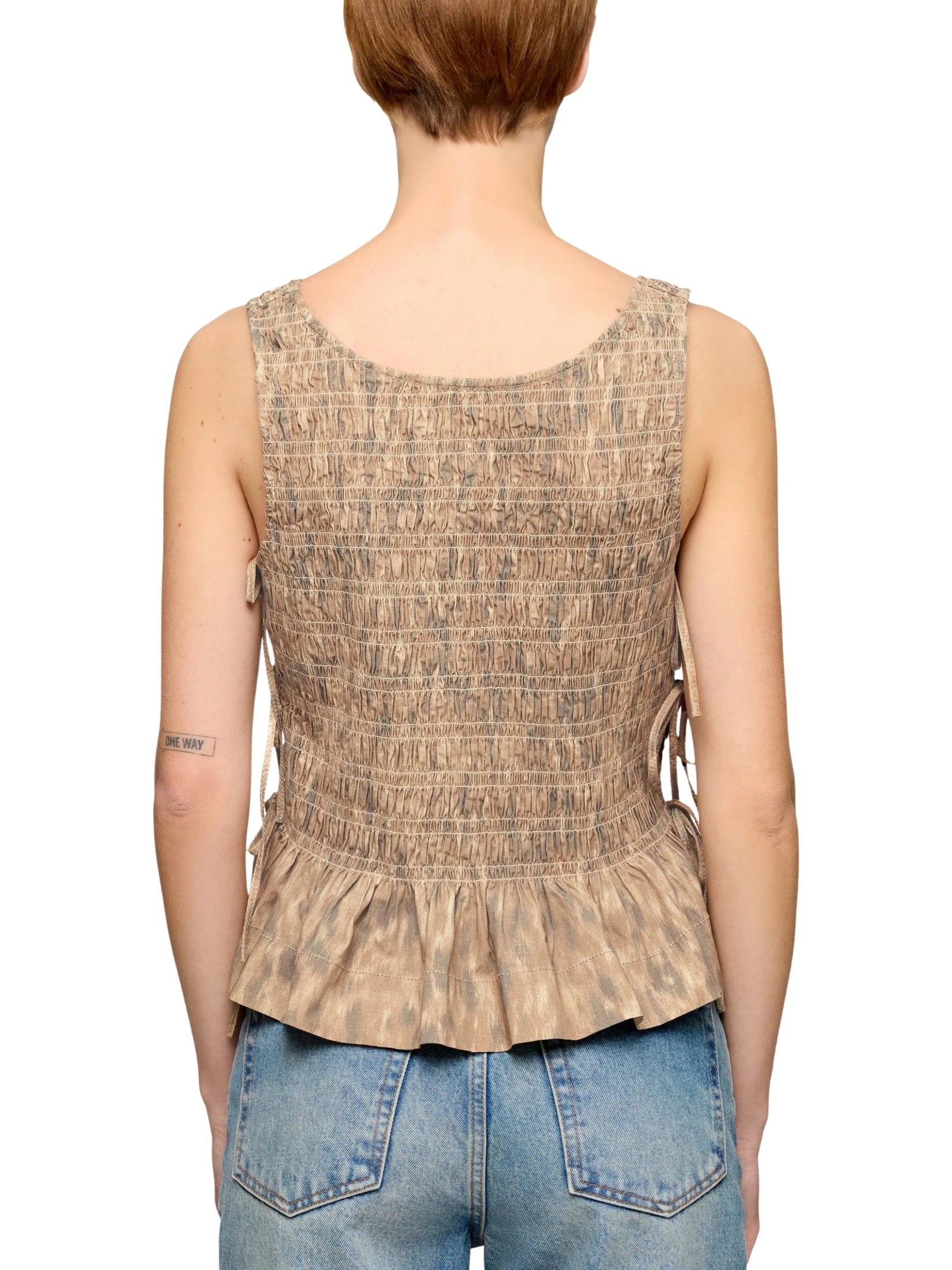 Printed stretch cotton smocked tie string top