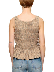 Printed stretch cotton smocked tie string top