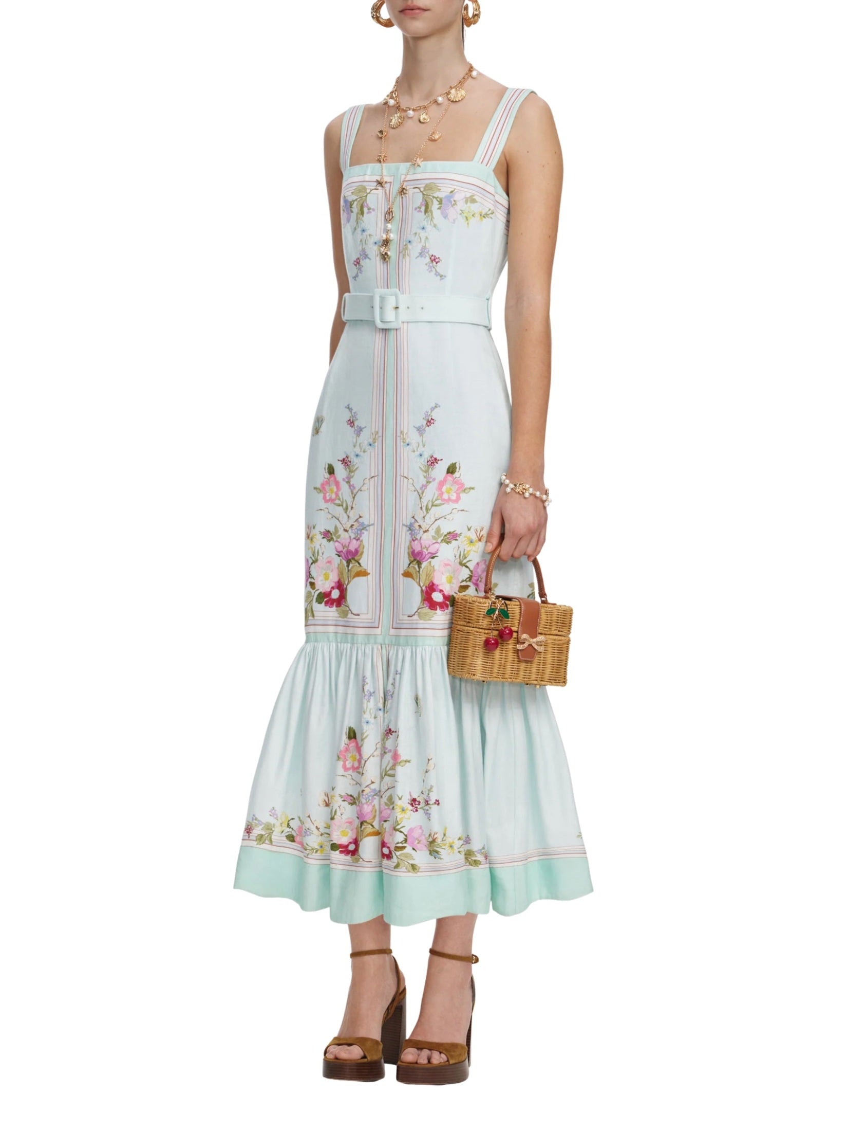 Mint floral linen midi dress