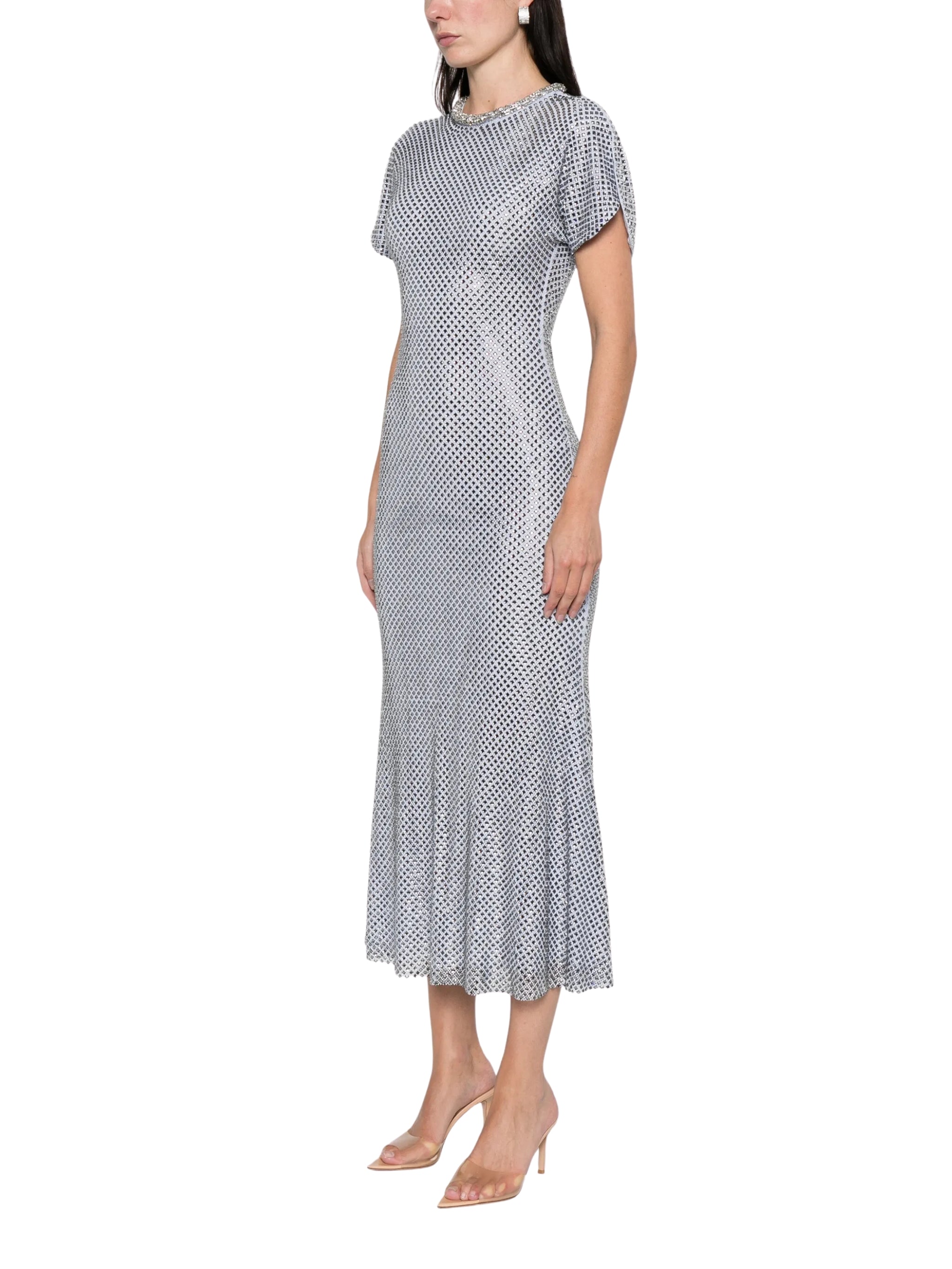 BLUE RHINESTONE MESH MIDI DRESS