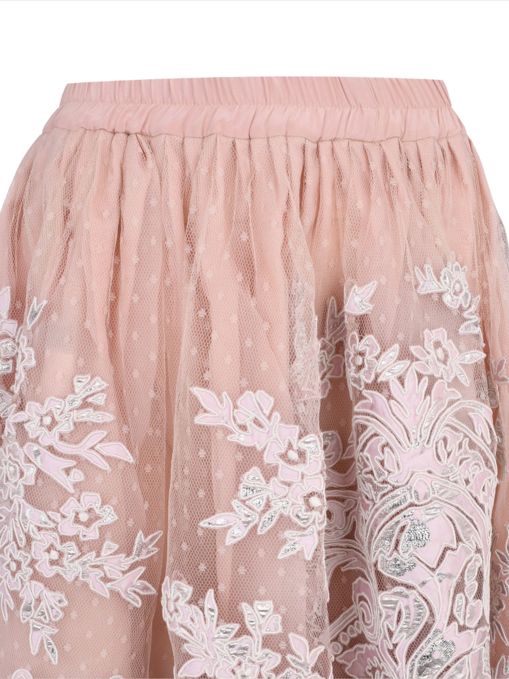 Mabel full elastic waistband tulle gathered mid length skirt with cord lame embroidery applique