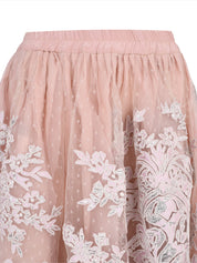 Mabel full elastic waistband tulle gathered mid length skirt with cord lame embroidery applique