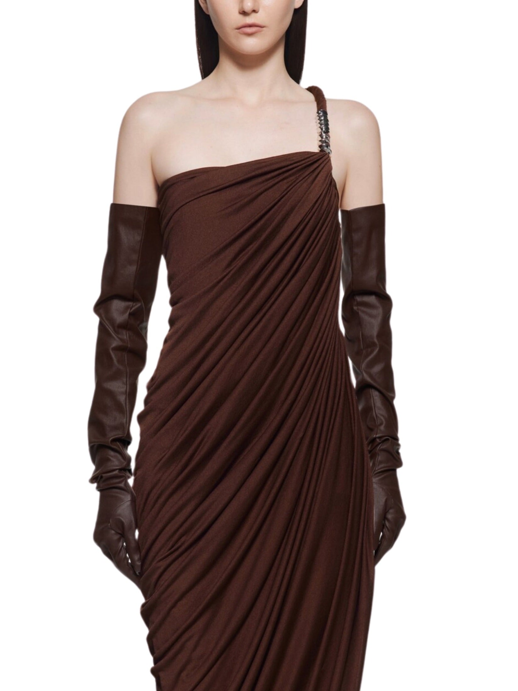 One-shoulder dress with asymmetrical waterfall draping and signature