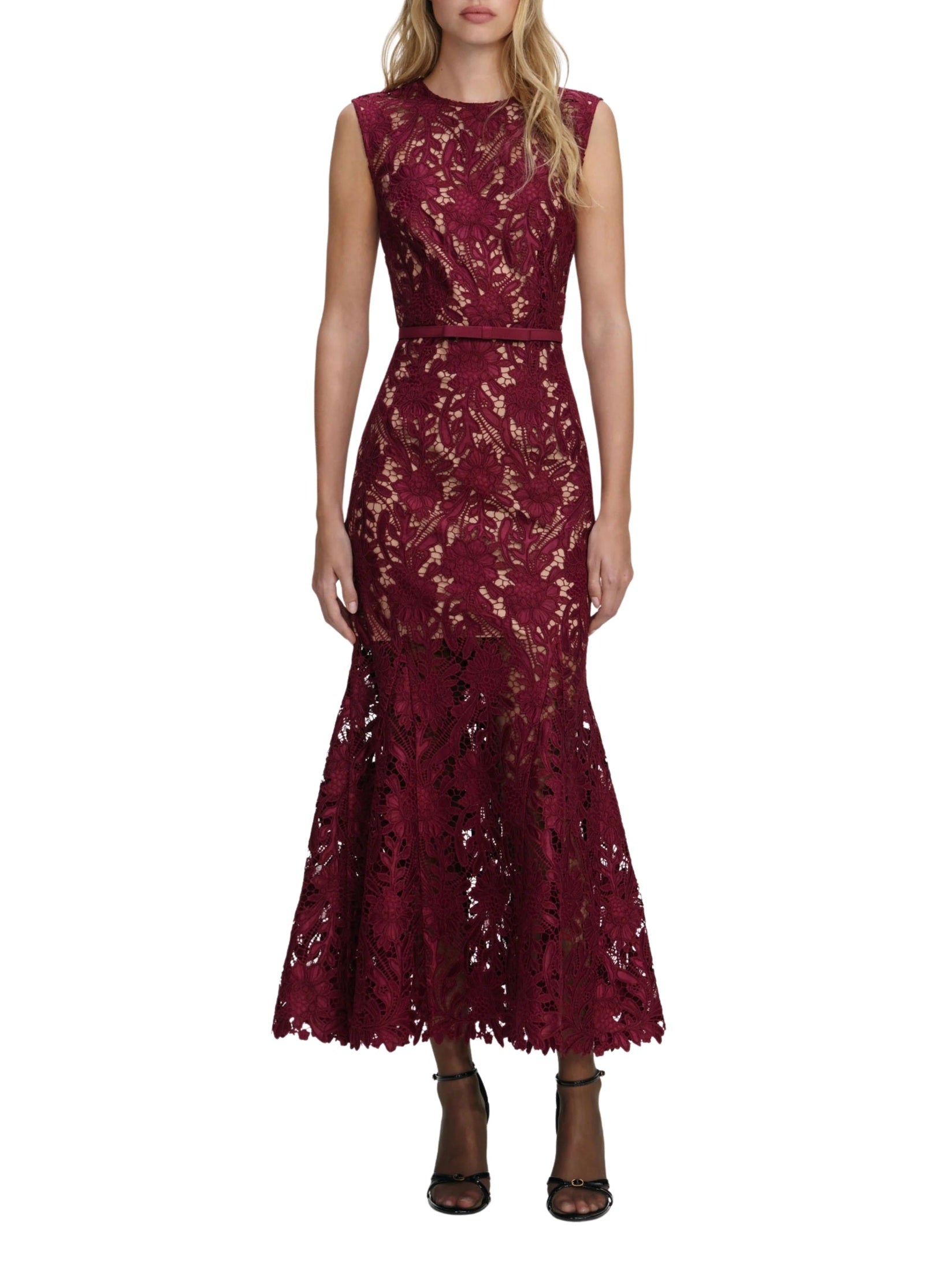 Burgundy guipure lace midi dress