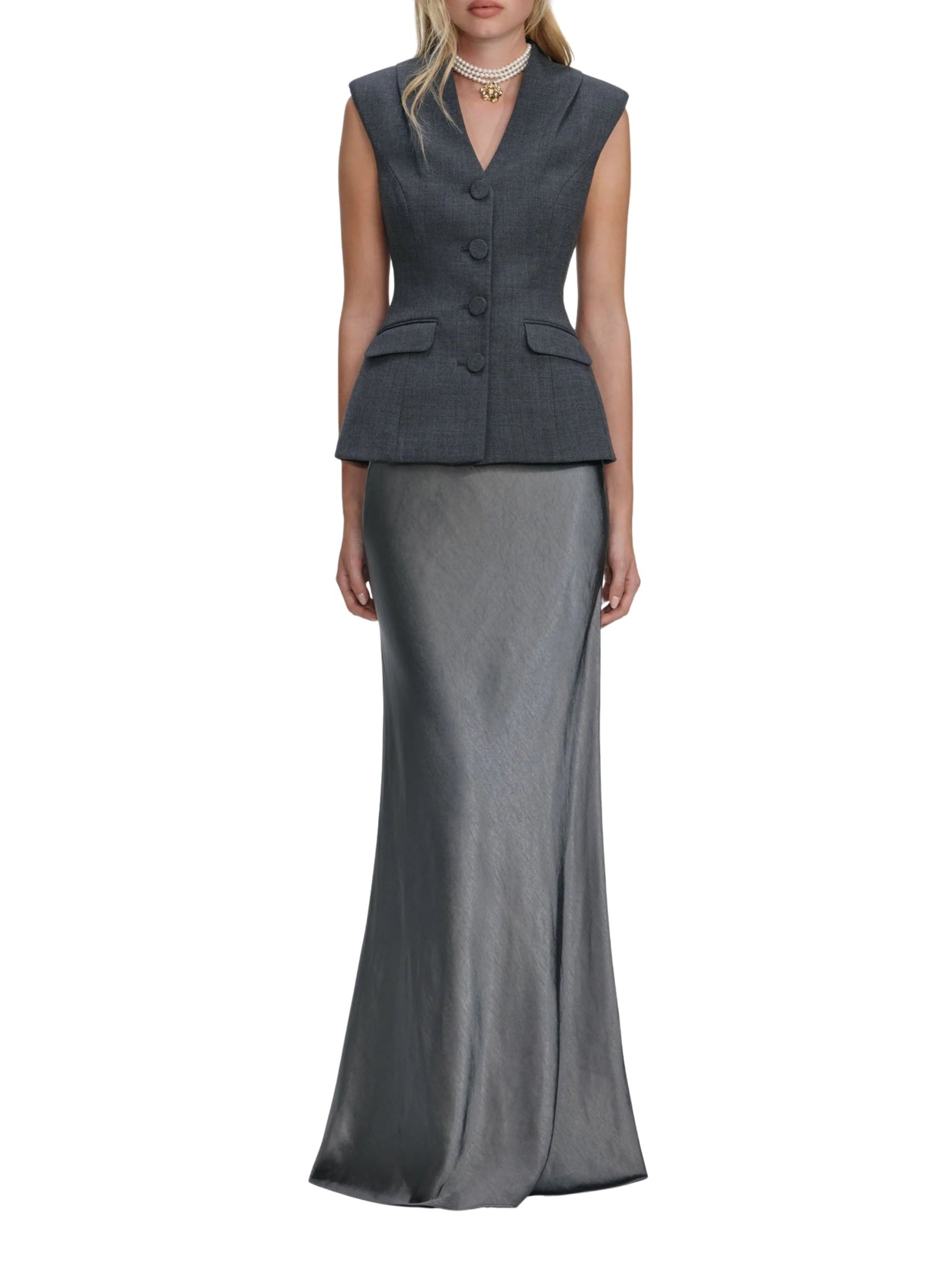 Grey tailored satin maxi dress