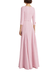 Sharp boat neck gown with asymmetric godets