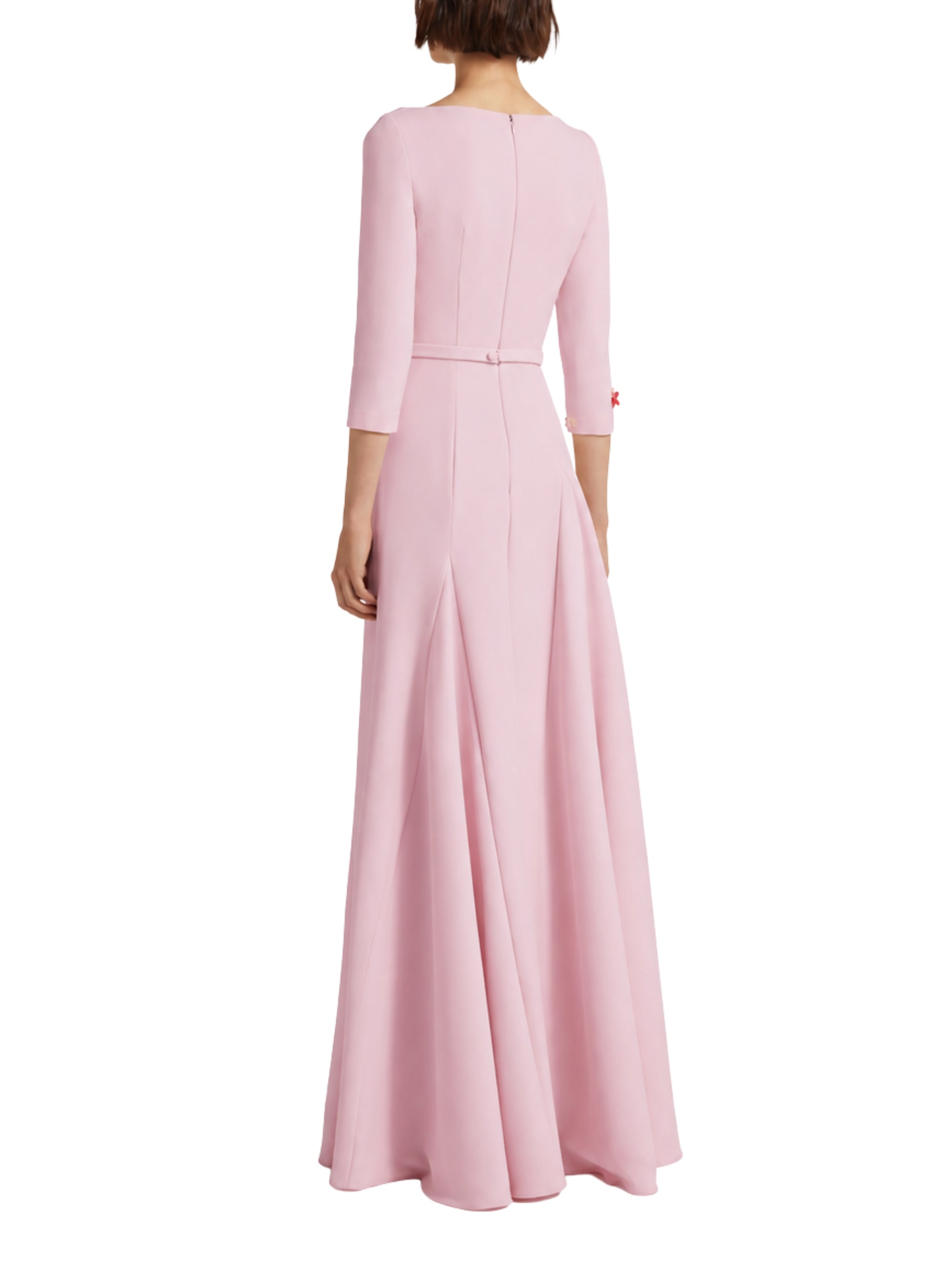 Sharp boat neck gown with asymmetric godets