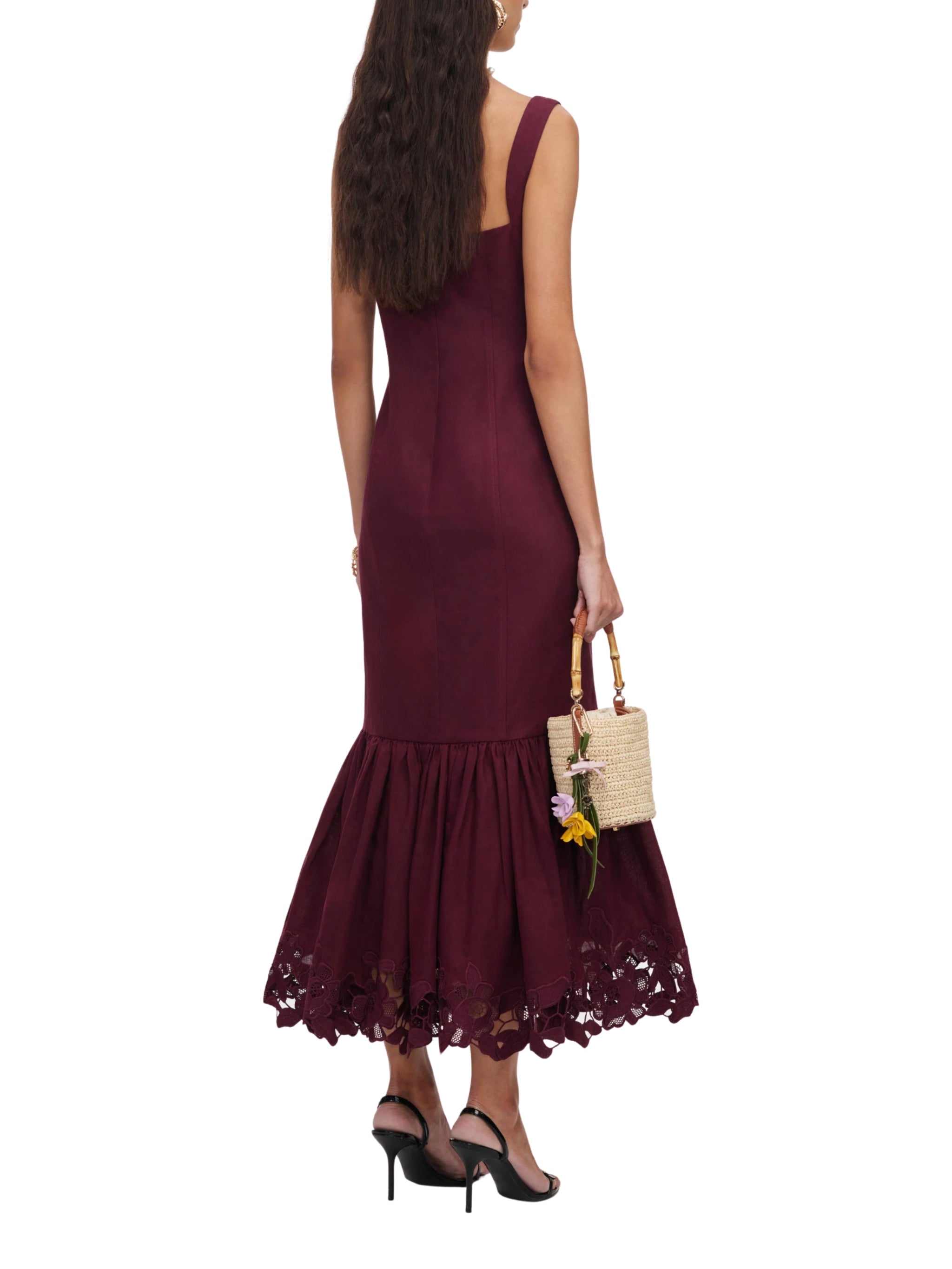 Plum linen blend lace midi dress