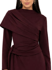 Long sleeves dress strait cut with pleated rap around shoulder short rap