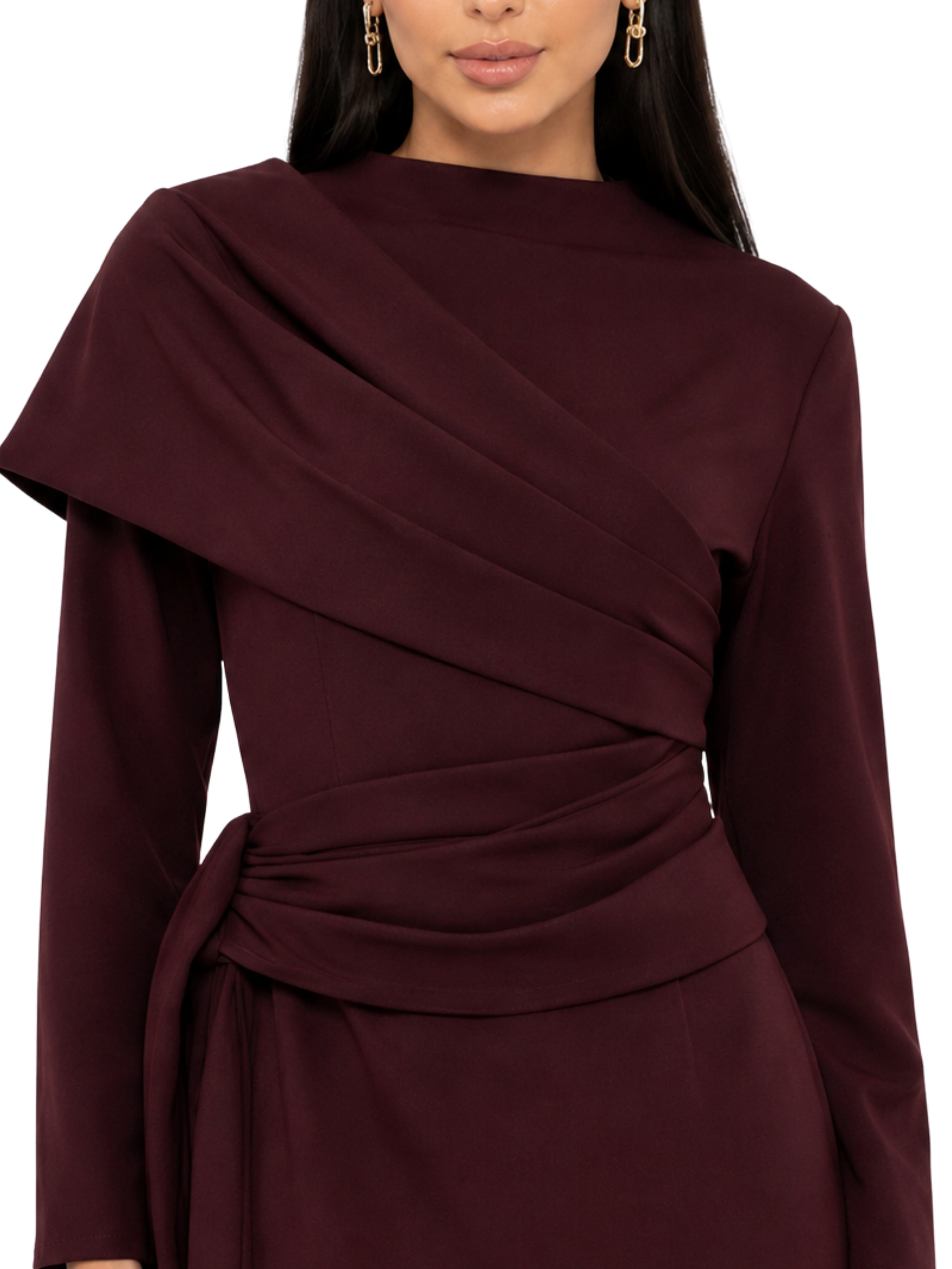 Long sleeves dress strait cut with pleated rap around shoulder short rap