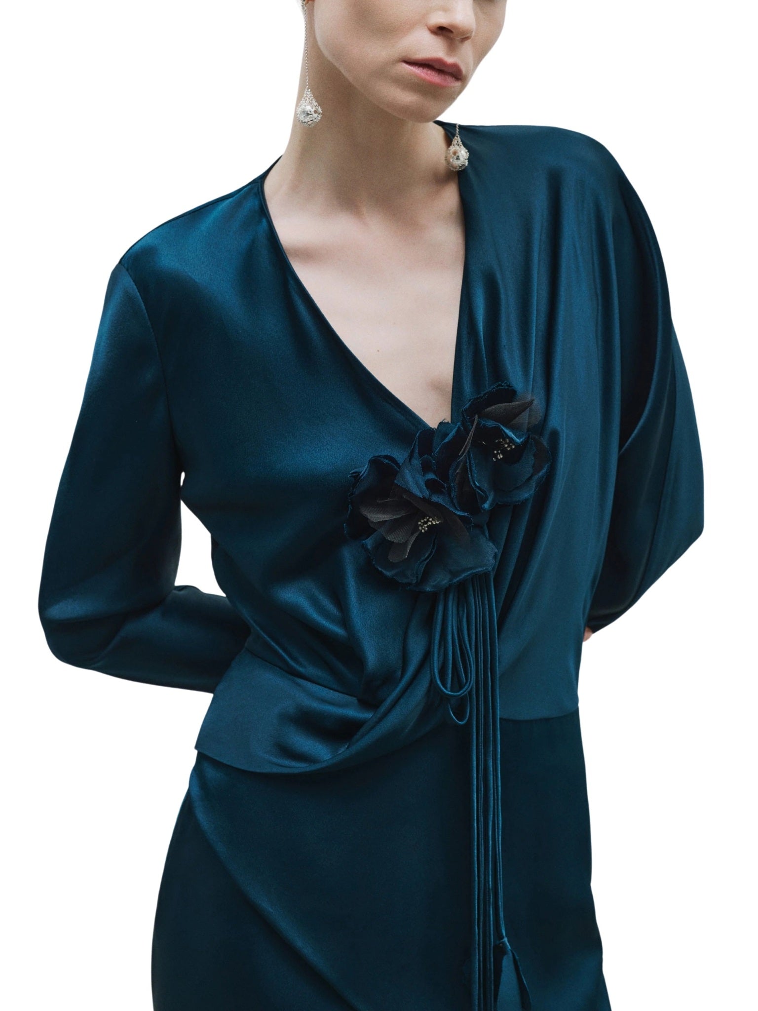 Floral Detailed Draped Satin Dress